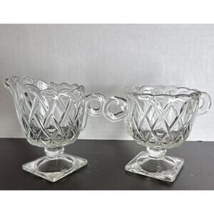 Vintage Indiana Glass Pretzel Pattern Footed Open Sugar Bowl & Creamer Set